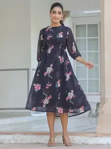 Janasya Women Georgette Floral Printed A-line Dress