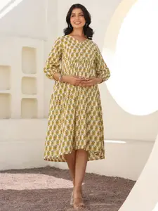 Janasya Women Cream Pure Cotton Floral Printed A-line Maternity Dress