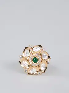 AURAA TRENDS Gold-Plated Kundan Polki Floral Moissanite Ring