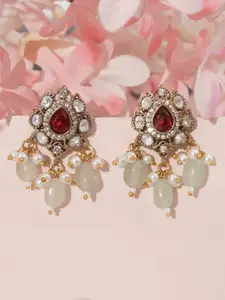 Niscka Gold-Plated Kundan Studded & Pearls Beaded Contemporary Shaped Drop Earrings