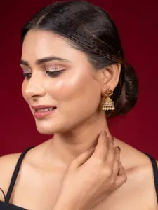 Niscka Gold-Plated Artificial Stones Studded & Beaded Dome Shaped Jhumkas