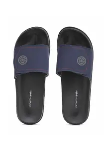 Bewakoof Men Official Marvel Merchandise Captain America Black Reflective Velcro Sliders