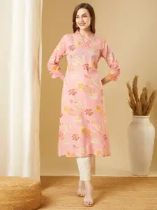 FASHOR Floral Printed V-Neck Sequinned Pure Cotton Straight Kurta