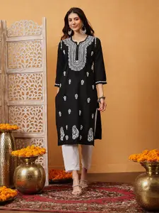 ADA Women Paisley Embroidered Notch Neck Chikankari Straight Kurta