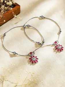 Rubans Set of 2 Oxidised Silver-Plated Ruby Pink & White Kundan Stone Floral Charm Anklet
