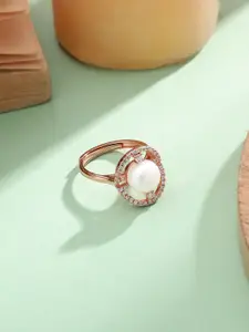 DIAVO 925 Sterling Silver Starlit Pearl Halo Rose Gold-Plated Pearl Beaded Finger Ring
