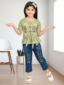 JIYAN FASHION WORLD Girls Printed Round Neck Top With Trouser