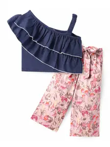 CrayonFlakes Girls Frilled One Shoulder Pure Cotton Frilled Crop Top With Palazzo