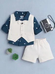 BUMZEE Boys Printed Long Sleeves Pure Cotton Shirt With Shorts & Waistcoat