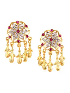 DIVASTRI Gold-Plated Cubic Zirconia Studded Floral Shaped Drop Earrings