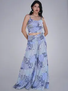 BAESD Floral Printed Pure Silk Square Neck Top With Palazzos Co-Ords Set