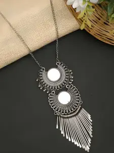 KRENOZ Silver-Plated Mirror Work Tasseled Oxidised Long Necklace