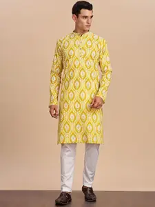 Anouk Floral Printed Band Collar Pure Cotton Straight Kurta