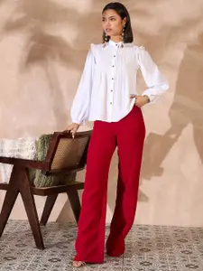 all about you Mandarin Collar Puff Sleeve Crepe Shirt Style Top