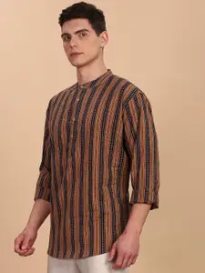 Anouk Striped Band Collar Pure Cotton Straight Short Kurta