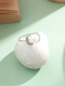 DIAVO 925 Sterling Silver Rhodium-Plated CZ Studded & Pearls Beaded Finger Ring