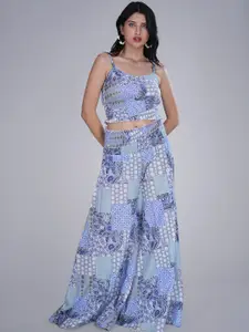 BAESD Floral Printed Pure Silk Square Neck Top With Palazzos Co-Ords Set