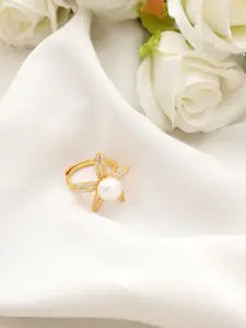 DIAVO 925 Sterling Silver Lily Bloom Gold-Plated Pearl Beaded Finger Ring