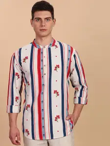 Anouk Striped Printed Band Collar Pure Cotton Short Kurta