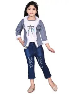 JIYAN FASHION WORLD Girls Embellished Top With Capris & Jacket