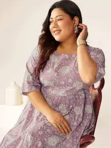 Janasya Women's Plus Size Lavender Pure Cotton Floral Printed Tiered Dress