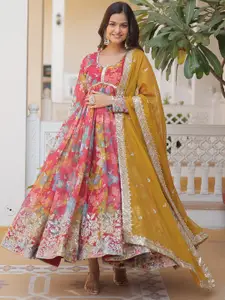 Fashion Basket Printed Georgette Ethnic Gown With Dupatta