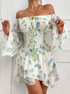 bebe Floral Print Off-Shoulder Puff Sleeve Fit & Flare Dress