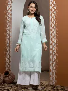 PARAMOUNT CHIKAN Floral Embroidered Notch Neck Lucknowi Chikankari Georgette Kurta