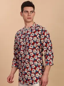 Anouk Floral Printed Band Collar Straight Cotton Short Kurta