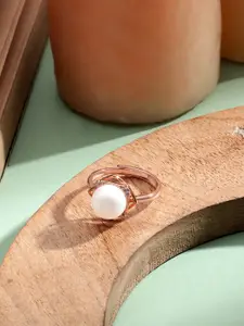 DIAVO 925 Sterling Silver Rose Gold-Plated Pearl Beaded Finger Ring