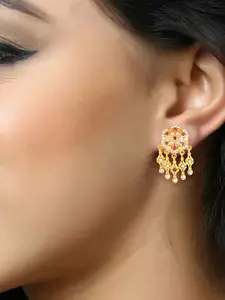 DIVASTRI Gold-Plated Artificial Stones Studded Floral Shaped Drop Earrings