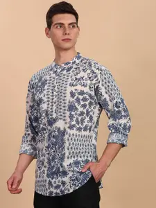 Anouk Floral Printed Band Collar Pure Cotton Straight Short Kurta