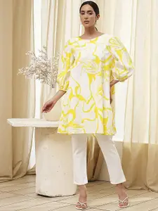 Biba Floral Printed Keyhole Neck Cotton A-Line Kurta