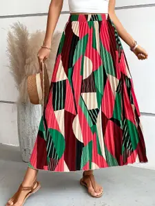 OTABU Abstract Printed Accordian Pleats Flared Maxi Skirt