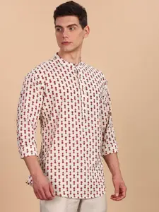 Anouk Floral Printed Band Collar Pure Cotton Straight Short Kurta