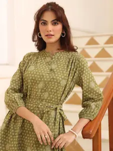 Janasya Floral Print Puff Sleeve A-Line Midi Dress