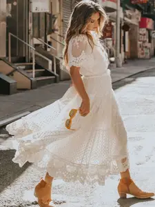 bebe White Swiss Dot & Lace Tiered V-Neck Fit & Flare Midi Dress