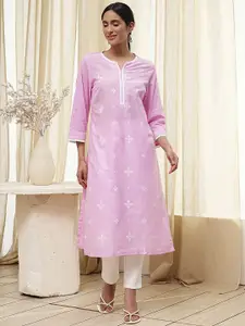 Biba Floral Printed Thread Work Cotton Straight Kurta