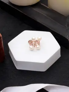 DIAVO 925 Sterling Silver Rose Gold-Plated CZ Studded & Pearls Beaded Finger Ring