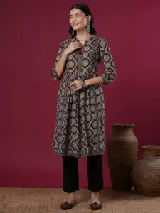 FASHOR Floral Printed Mandarin Collar Pure Cotton A-Line Kurta