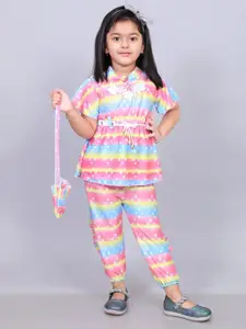 JIYAN FASHION WORLD Girls Printed Short Sleeves Top With Jogger & Matching Purse