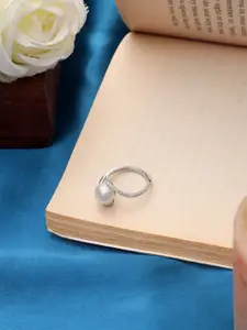 DIAVO 925 Sterling Silver Rhodium-Plated Stones Studded & Pearls Beaded Finger Ring