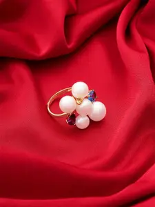 DIAVO 925 Sterling Silver Gold-Plated Pearls Beaded & Studded Finger Ring