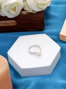 DIAVO 925 Sterling Silver Rhodium-Plated Pearls Beaded Finger Ring