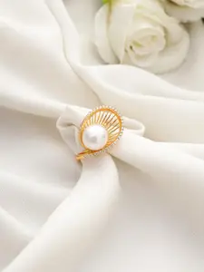 DIAVO 925 Sterling Silver Gold-Plated Pearls Beaded & Stones Studded Finger Ring