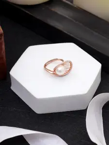 DIAVO 925 Sterling Silver Rose Gold-Plated Pearls Studded Finger Ring