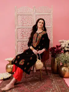 ADA Women Paisley Embroidered Notch Neck Chikankari Straight Kurta