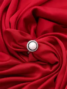 DIAVO 925 Sterling Silver Rhodium-Plated Cubic Zircon Studded & Pearls Beaded Finger Ring