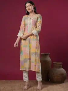 FASHOR Floral Printed Thread Work Notch Neck Straight Kurta