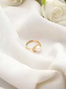 DIAVO 925 Sterling Silver Gold-Plated Pearl Beaded & Cubic Zircon Studded Finger Ring